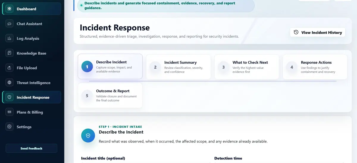 SecureViewIQ structured incident response workflow with investigation and response steps