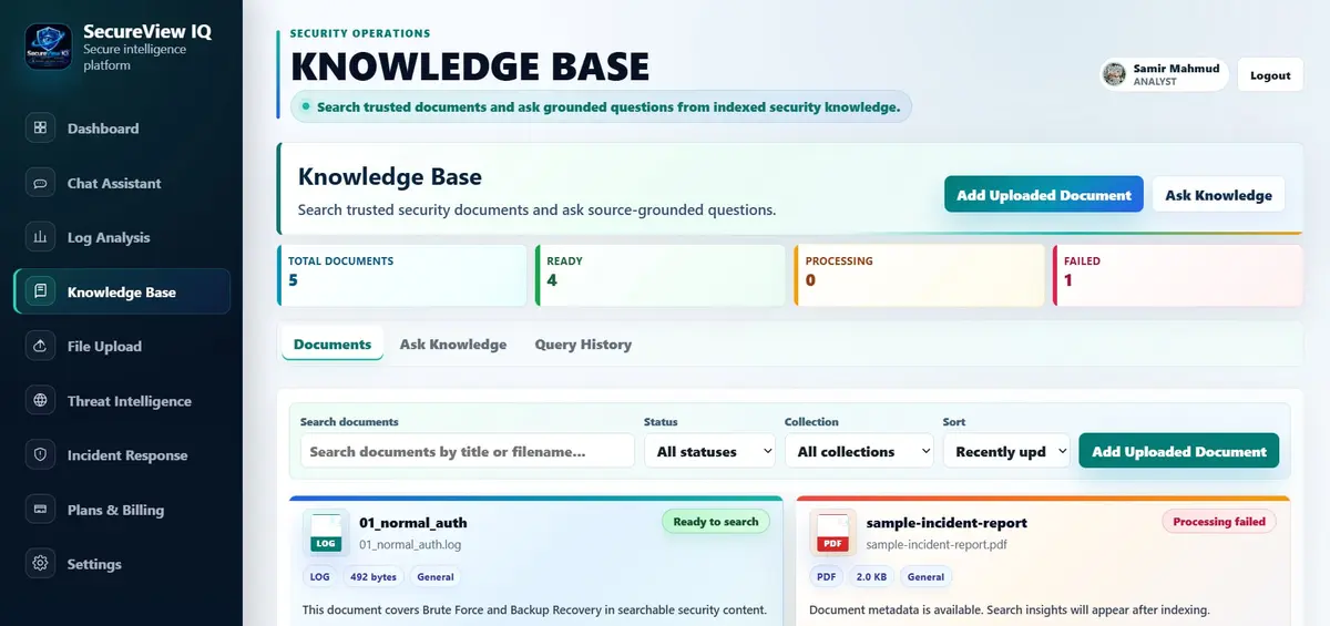 SecureViewIQ knowledge base with searchable indexed security documents