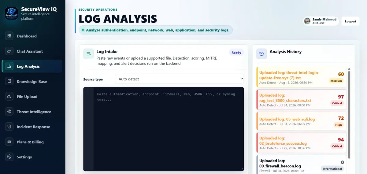 SecureViewIQ log analysis workspace with log intake and risk-scored analysis history